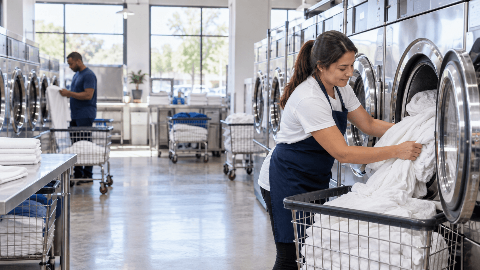 Laundromat operator working inside a commercial laundry facility