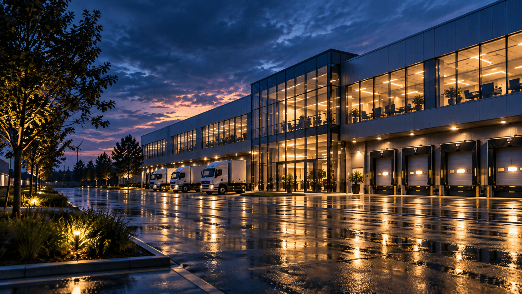 Commercial distribution facility at dusk