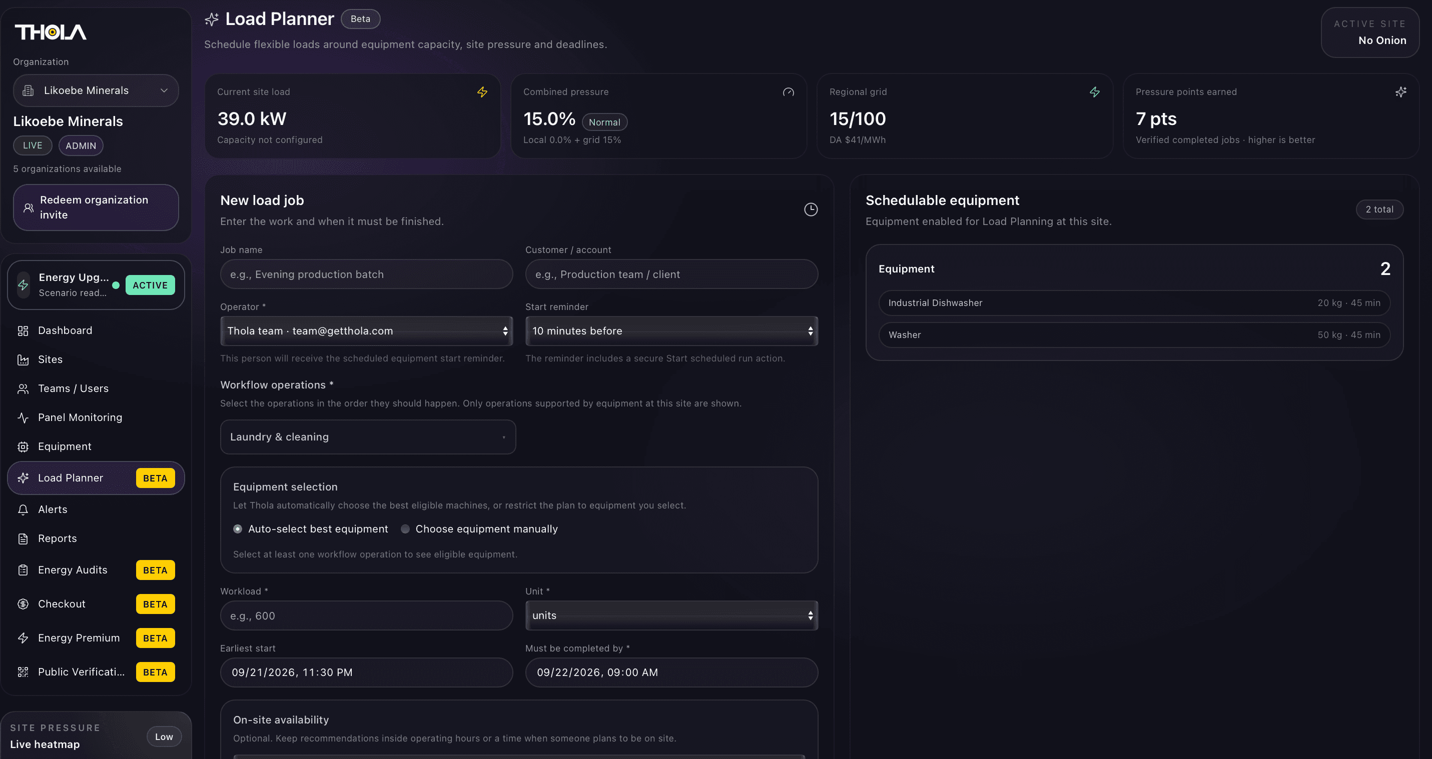 Thola load planner new job screen